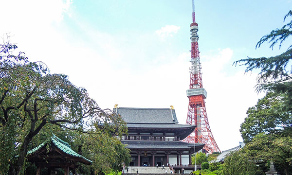 増上寺の本堂と東京タワーの写真